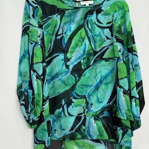 Chaus Blue and Green Leaf Print Blouse Size Large Button Up Sleeves